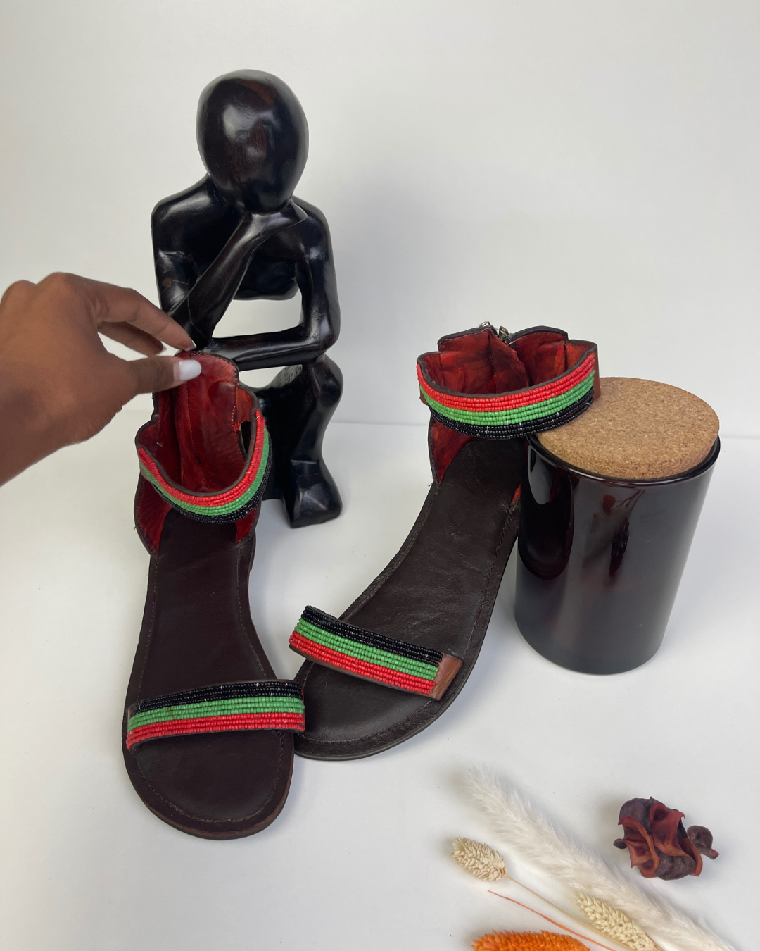 African Leather and Beaded Ankle Strap Sandals
