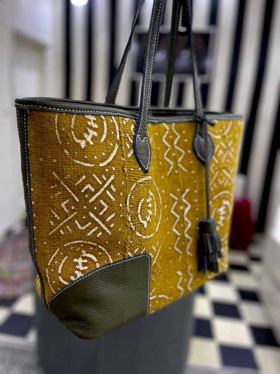 Sac Cabas Tote Bag été Bogolan And Leather Tote Bag Handmade In