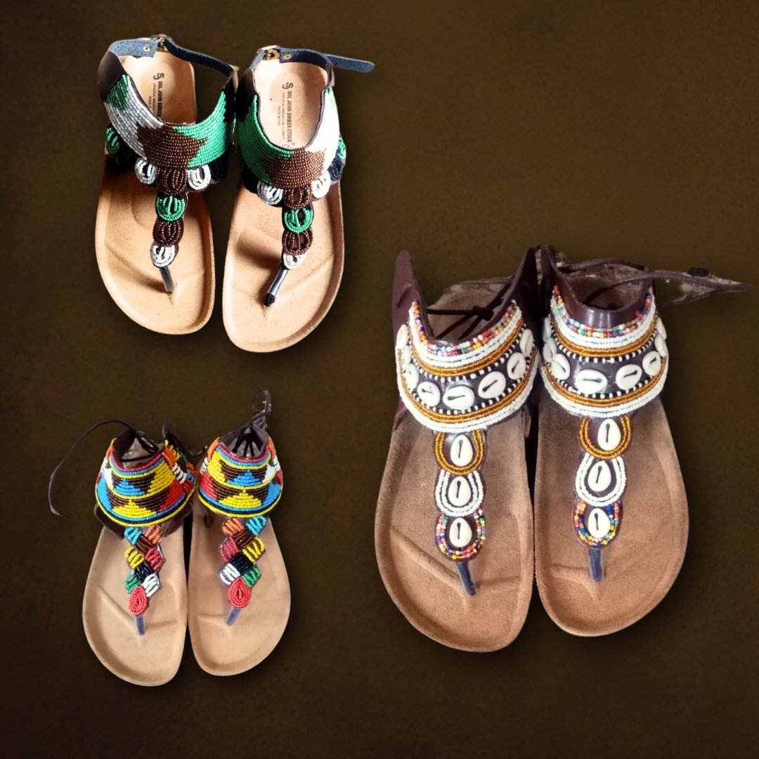 African Leather and Beaded Sandals Flat Strappy Ghanaian