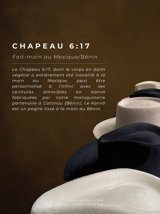 Chapeau 6:17 | Fait - main unisexe (daim végétal du Mexique et kanvô du Bénin) - Ledoux Store