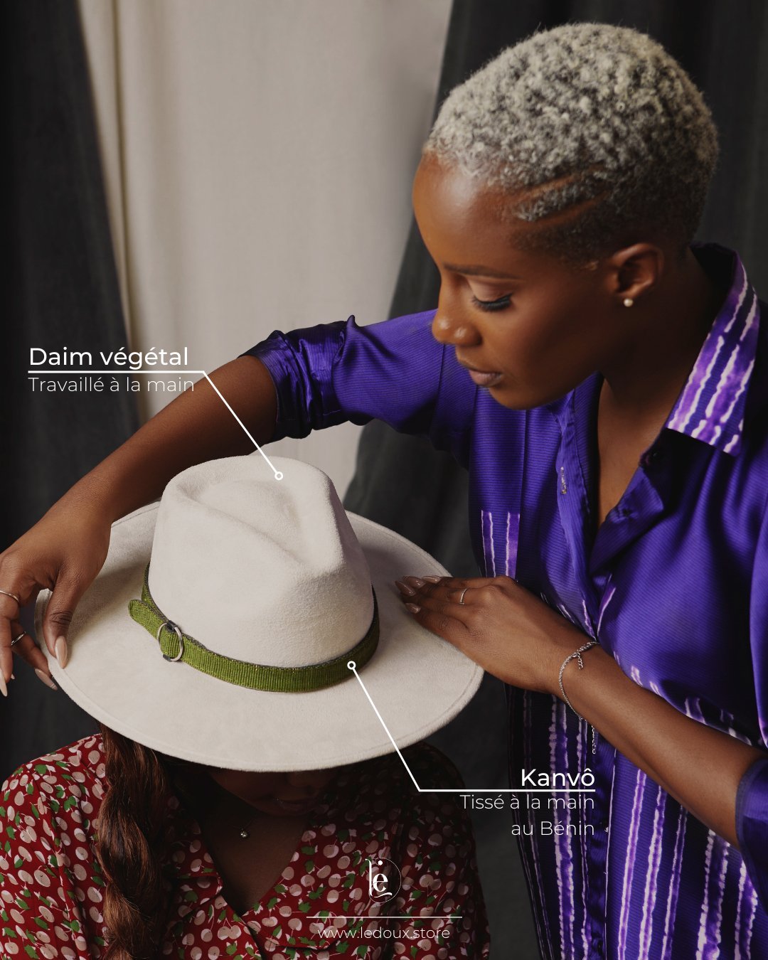 Chapeau en daim végétal avec ceinture amovible en tissu africain au choix - Ledoux Store