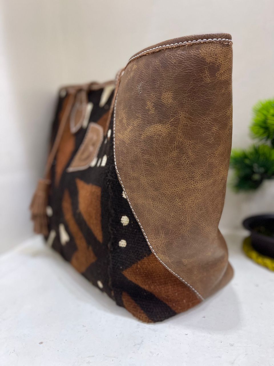 Sac cabas femme en bogolan et cuir - Ledoux Store